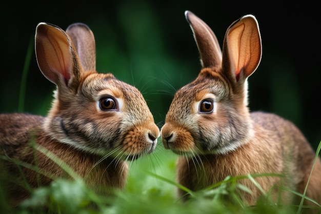 Two rabbits in the grass with the word rabbit on the left