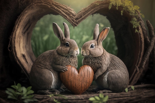 Two rabbits hugging a heart shaped egg in a forest