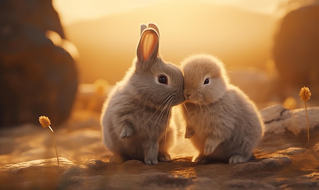 two rabbits kissing in the sunset one of them is kissing