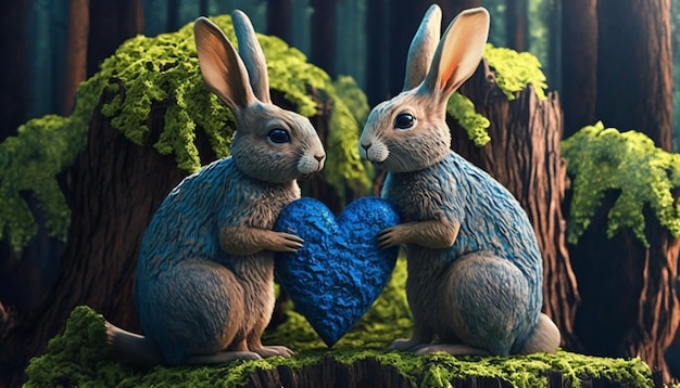 Two rabbits in love holding a wooden heart in nature