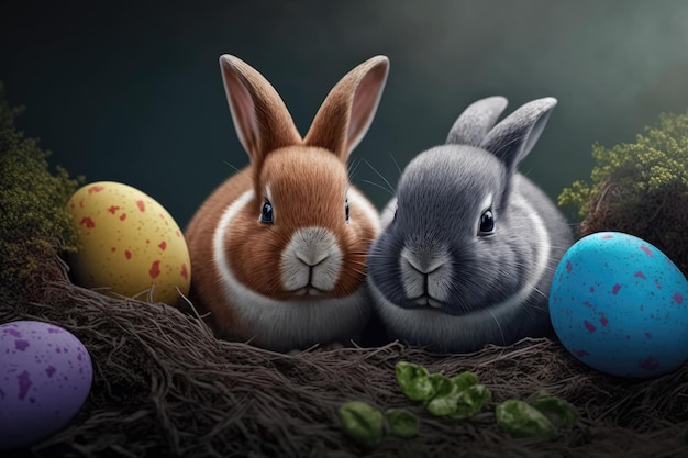 Two rabbits in a nest with easter eggs