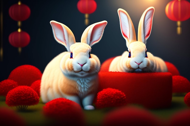 Two rabbits in a red bowl with red balls in the background