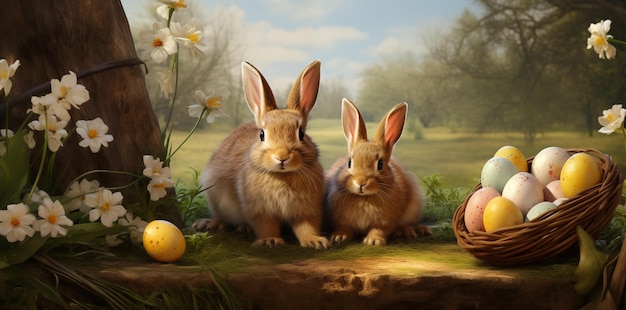 Foto due conigli seduti in un campo di uova di pasqua