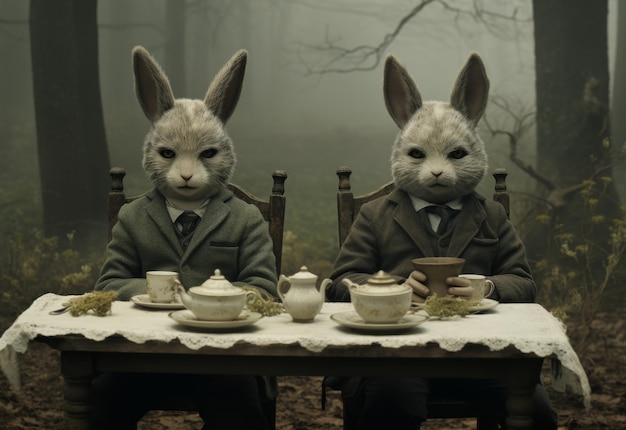 두 마리의 토끼가 차 컵과 함께 테이블에 앉아 있습니다.