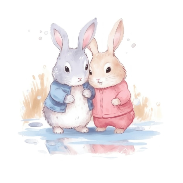 two rabbits in a snow storm with their arms around each other.