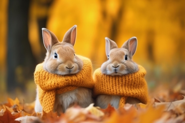 two rabbits wearing a scarf in the leaves