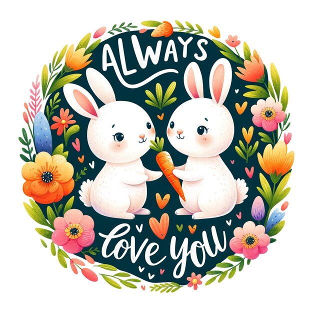 꽃으로 둘러싸인 당근을 가진 두 마리의 토끼와 항상 당신을 사랑합니다.