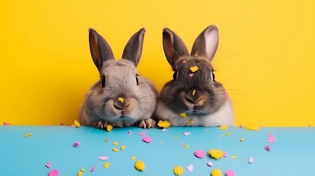 Two rabbits with confetti on their faces sit on a blue table