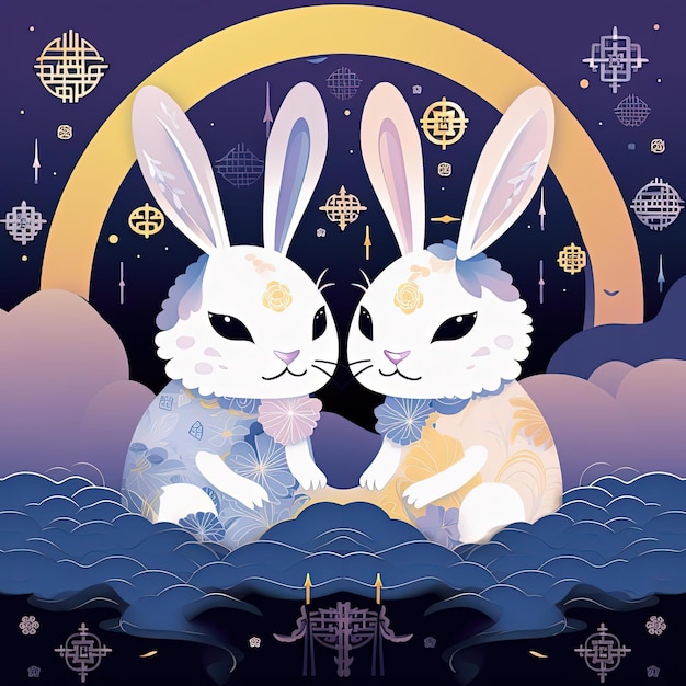 two rabbits with the text mi misn n in the style of chinese cultural themes