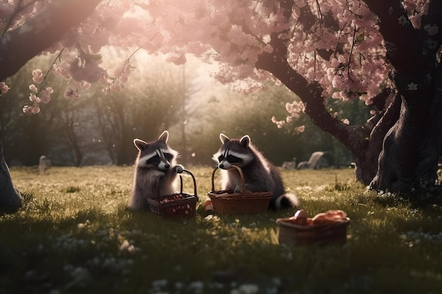 Two raccoons in a park under a cherry tree