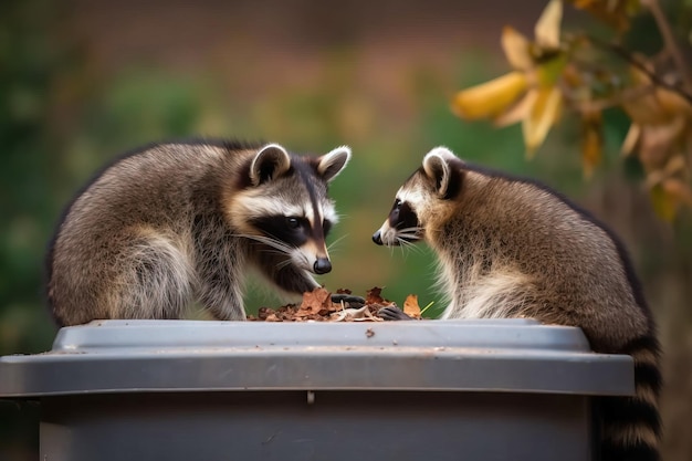 Two raccoons stealing food from a trash ca