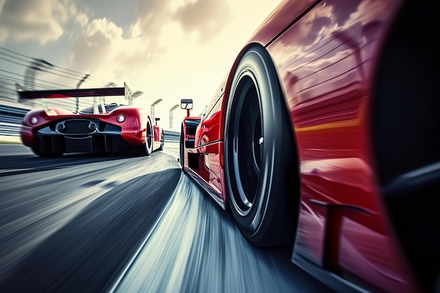 Foto due macchine da corsa in feroce competizione su una pista che cattura l'essenza della potenza della velocità