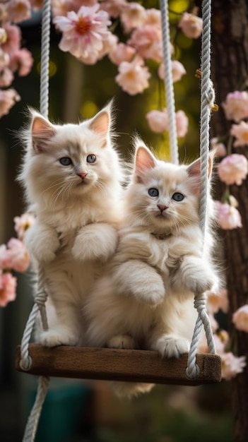 Две кошки рэгдолл на качелях