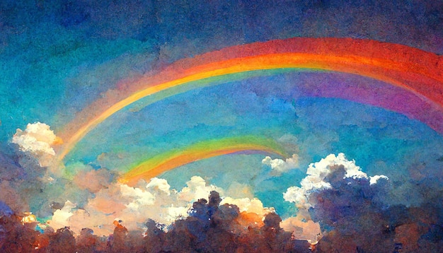 Two rainbows with blue sky clouds Children's watercolor drawing