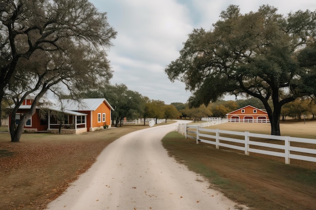 Two ranch houses side by side with a shared private road leading to each one created with generative ai