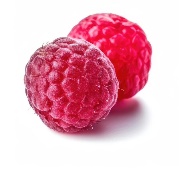 Two raspberries are shown with one being red.