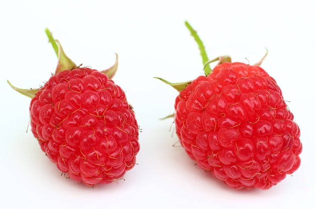 Two raspberries close-up on a white surface