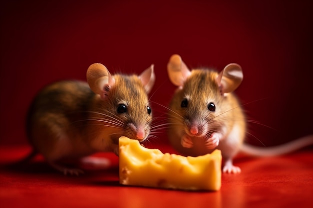 Two rats eating a piece of cheese