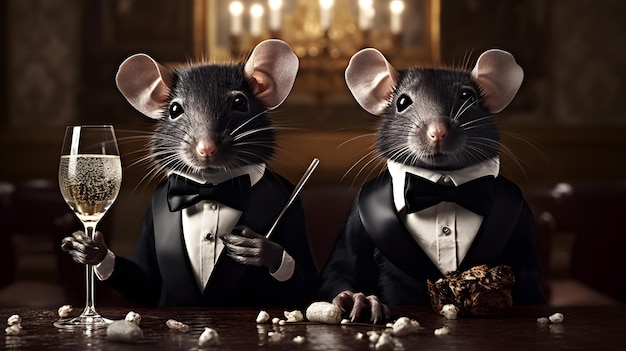 Two rats in tuxedos sit at a desk with a piece of cheese.