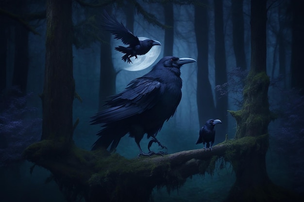 Photo two ravens in the dark forest