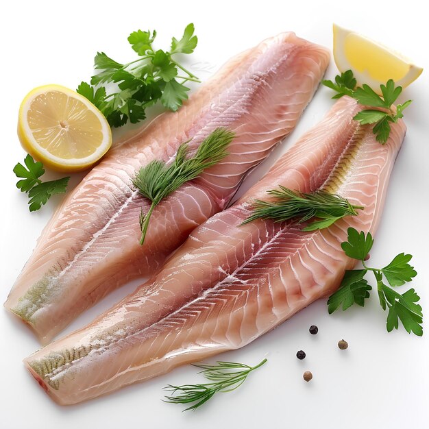 Two raw fish fillets with herbs and lemon slices on a white surface with parsley and lemon wedges