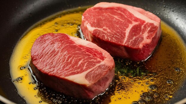 Two raw marbled beef steaks in olive oil and spices ready for frying