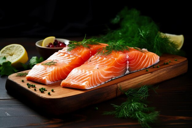 Two Raw Salmon Fillets on Cutting Board