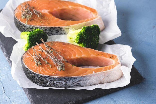 Two Raw Salmon Fish Steak with Thyme Herb on Blue Background Fresh Fish Above Horizontal