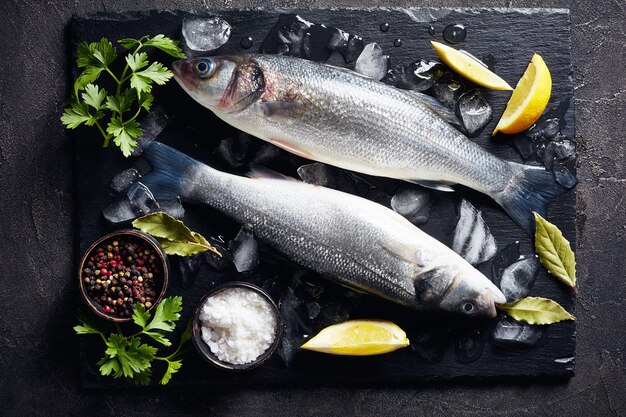 Two raw whole sea bass on slate plate