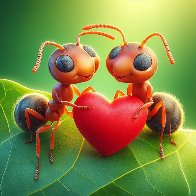 Two really cute ants holding valentine heart on a leaf