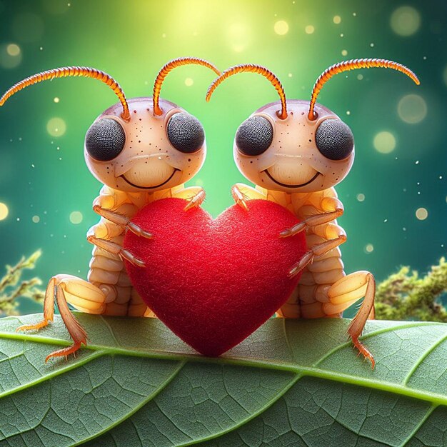 Foto two really cute termites holding valentine heart on a leaf