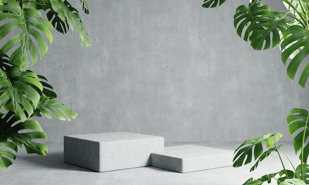 Two rectangle podiums in grey loft color background with Monstera plant foreground Abstract wallpaper template element and architecture interior object concept3D illustration rendering