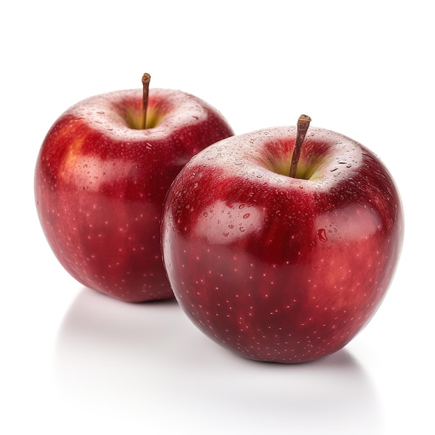 Two red apples are sitting next to each other.