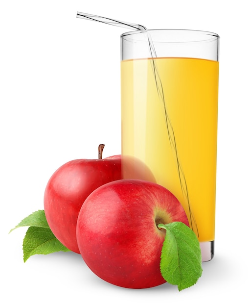 Photo two red apples and glass of apple juice isolated on white