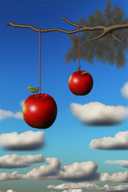 Two red apples hanging from a tree branch generative ai