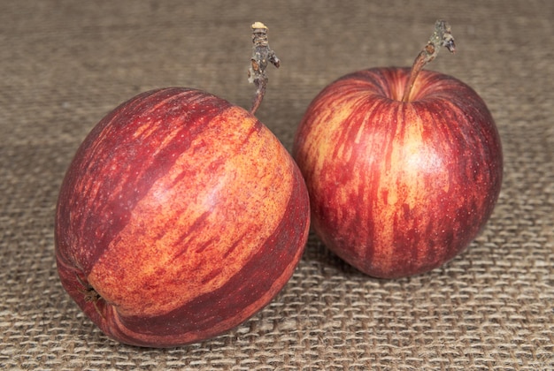 The two red apples on sackcloth surface Fruits and vegetables