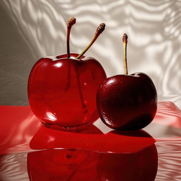 Photo two red apples on a table with the shadows of them.