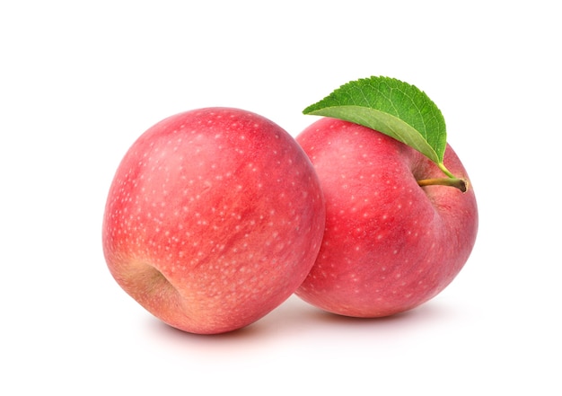 Pink Fuji Apples With Green Leaf Isolated On White Stock Photo