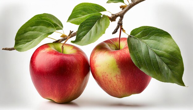 Two red apples with green leaves hang on branch isolated on white background