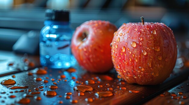 Photo two red apples on wooden table