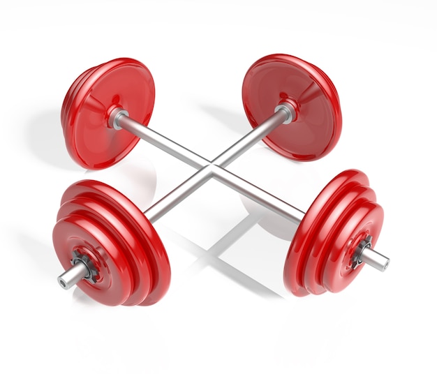 Two red barbells crossing for fitness and exercises.