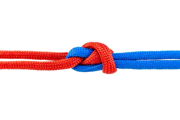 Two red and blue cords are connected Knot on a cord isolated on a white background