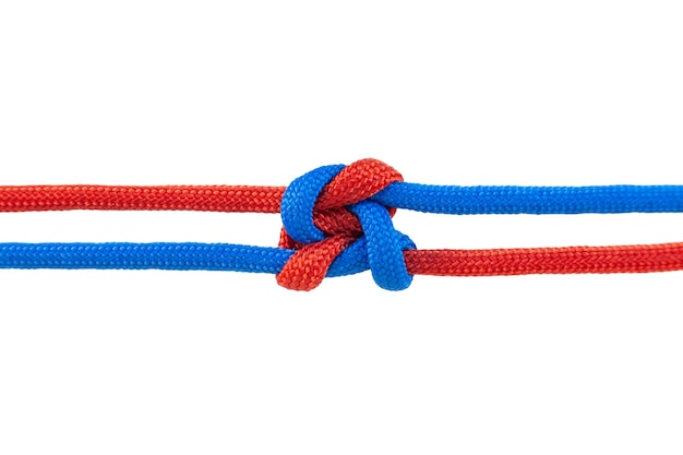 Two red and blue cords are connected Knot on a cord isolated on a white background