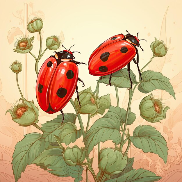 Two red bugs sitting on a plant Generative AI