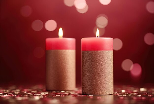 two red candles with bokeh surrounding them in the style of dark beige and pink