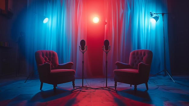 two red chairs are in front of a red curtain Podcast Studio Spotlight