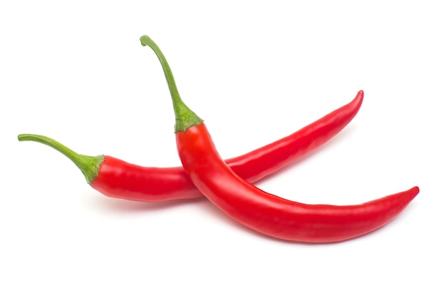 Two red chili peppers isolated on white background. Creative spicy sharp. Flat lay, top view