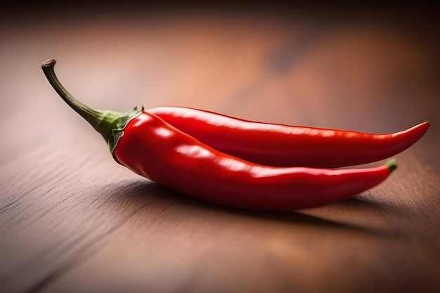 Two red chili peppers on a wooden table Isolated on a brown background