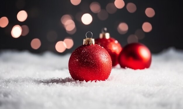 two red christmas balls are sitting in the snow with lights in the background generative ai