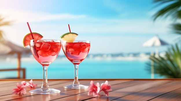 Two red cocktails with a summer background Generative AI